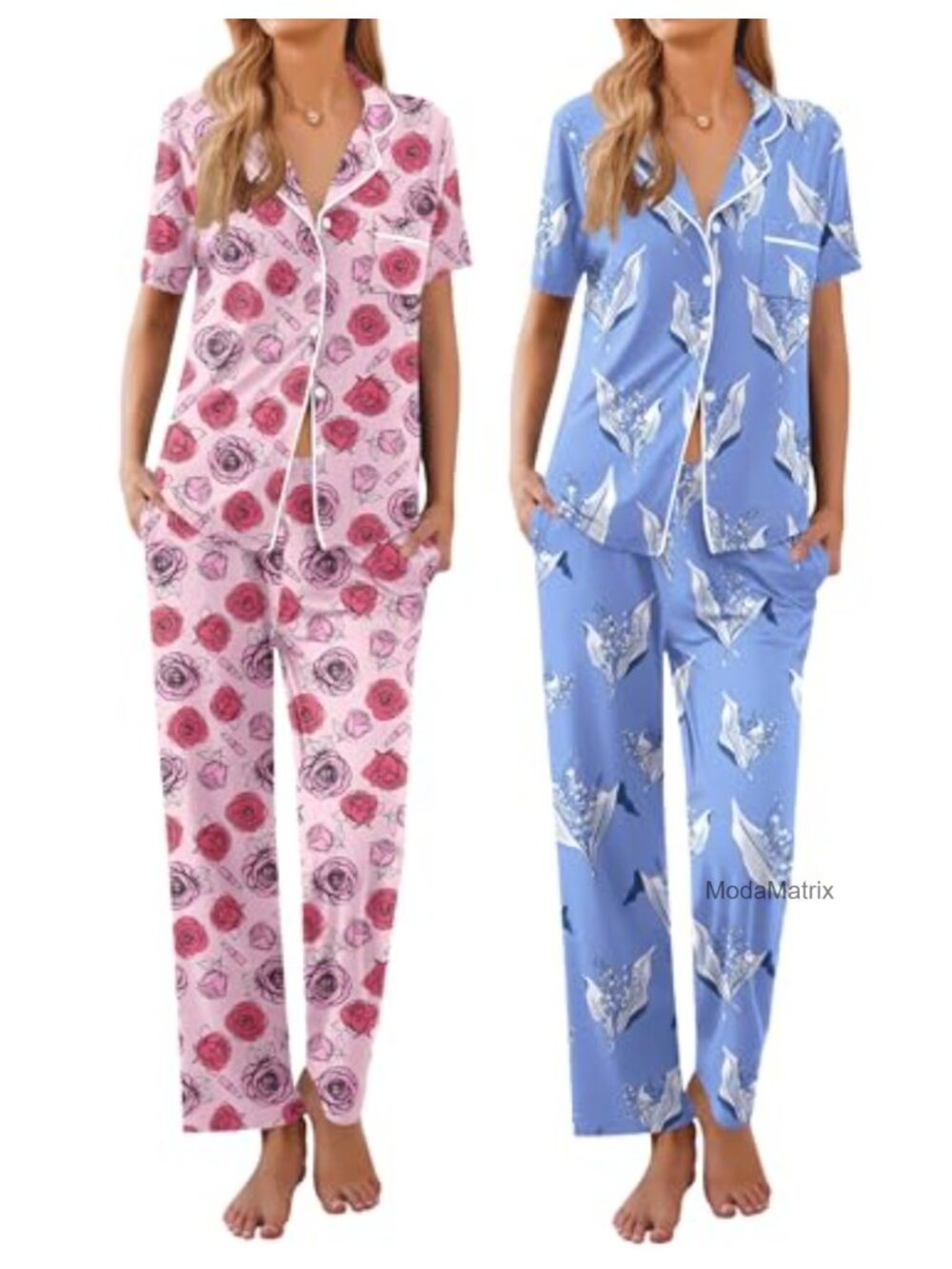Women's 2 Pack Pajama Set Short Sleeve Button Down Sleepwear Lounge Set